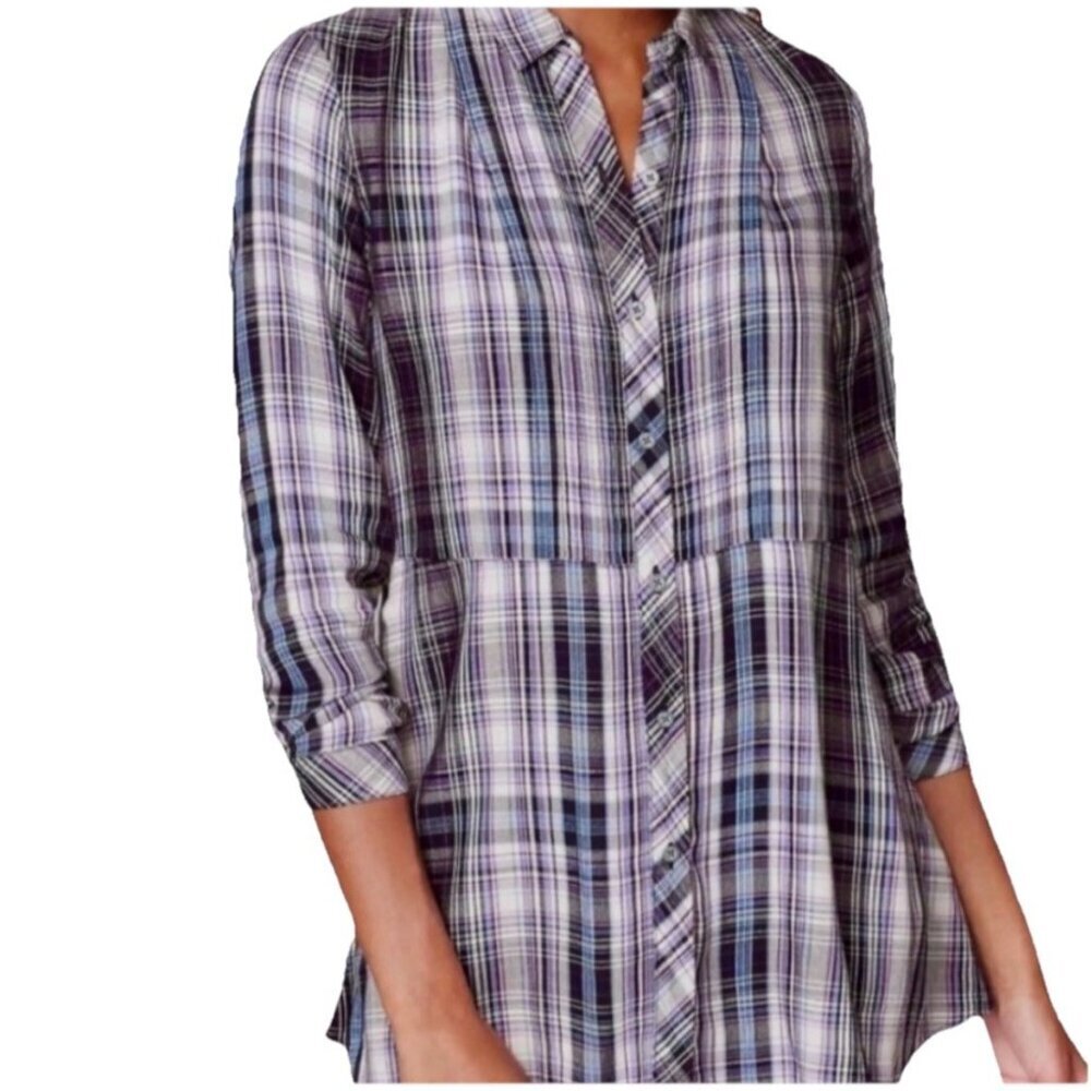 J Jill Plaid Button Down Tunic Blouse Women Large Purple Tones